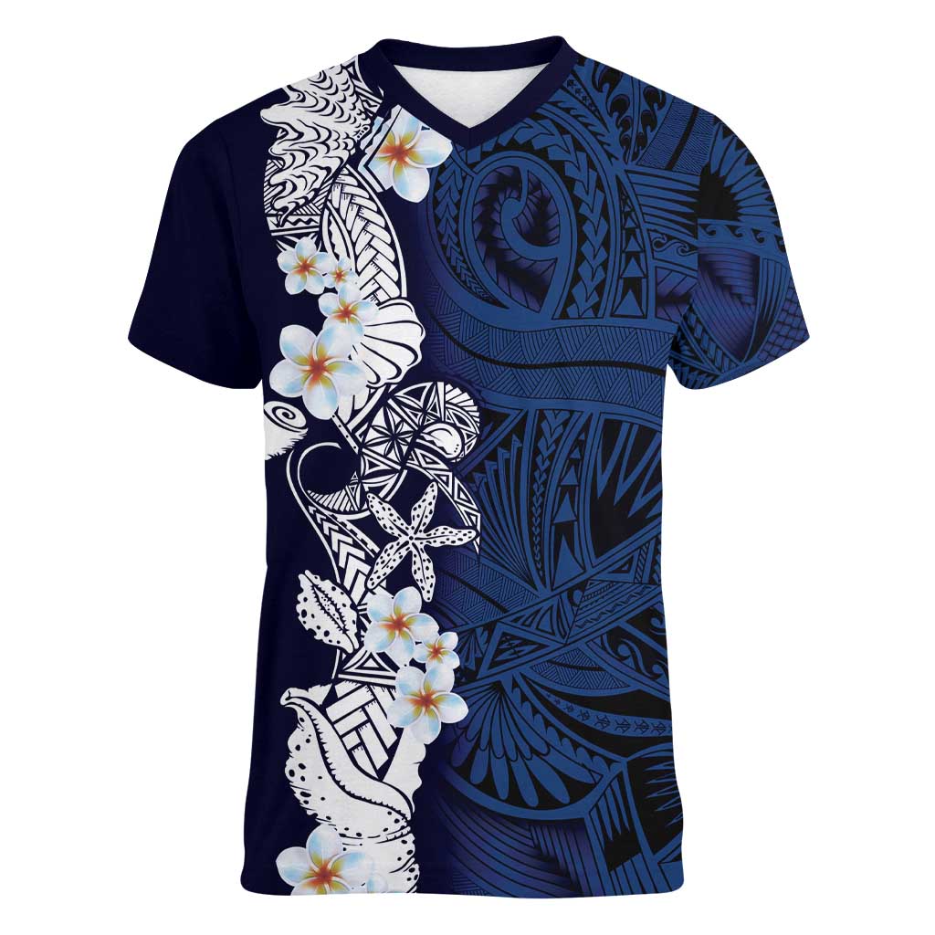 Blue Samoa Tattoo Women V-Neck T-Shirt Plumeria Samoan Ocean Tatau Pattern - Polynesian Pride