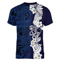 Blue Samoa Tattoo Women V-Neck T-Shirt Plumeria Samoan Ocean Tatau Pattern - Polynesian Pride