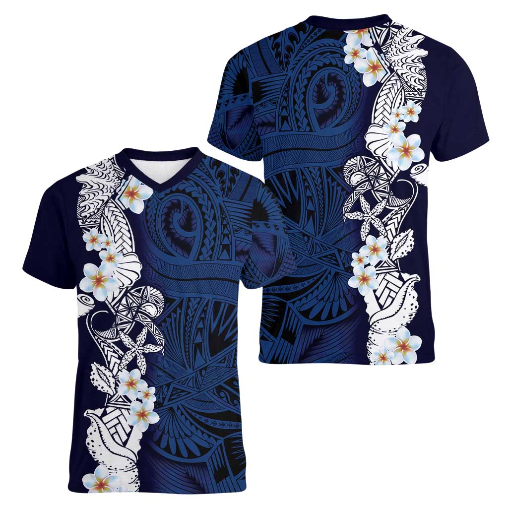 Blue Samoa Tattoo Women V-Neck T-Shirt Plumeria Samoan Ocean Tatau Pattern - Polynesian Pride