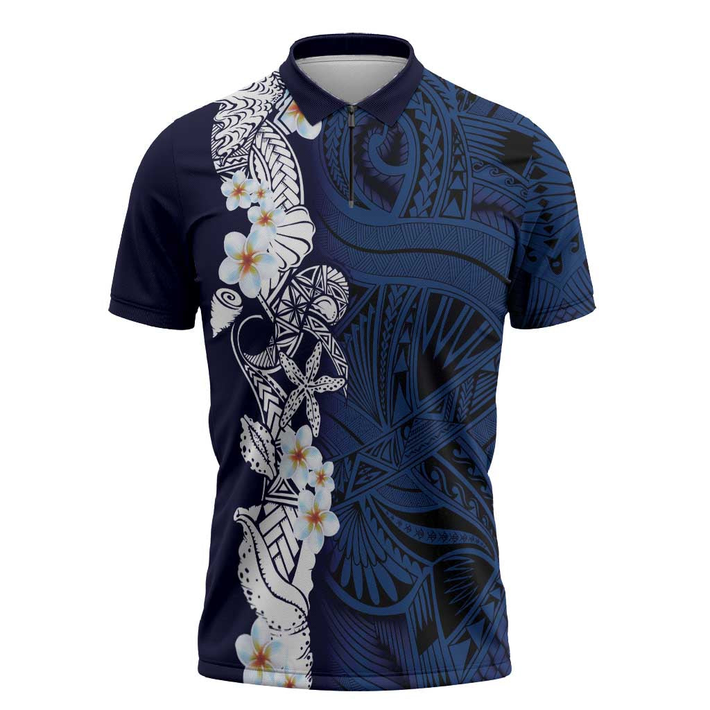 Blue Samoa Tattoo Zipper Polo Shirt Plumeria Samoan Ocean Tatau Pattern - Polynesian Pride