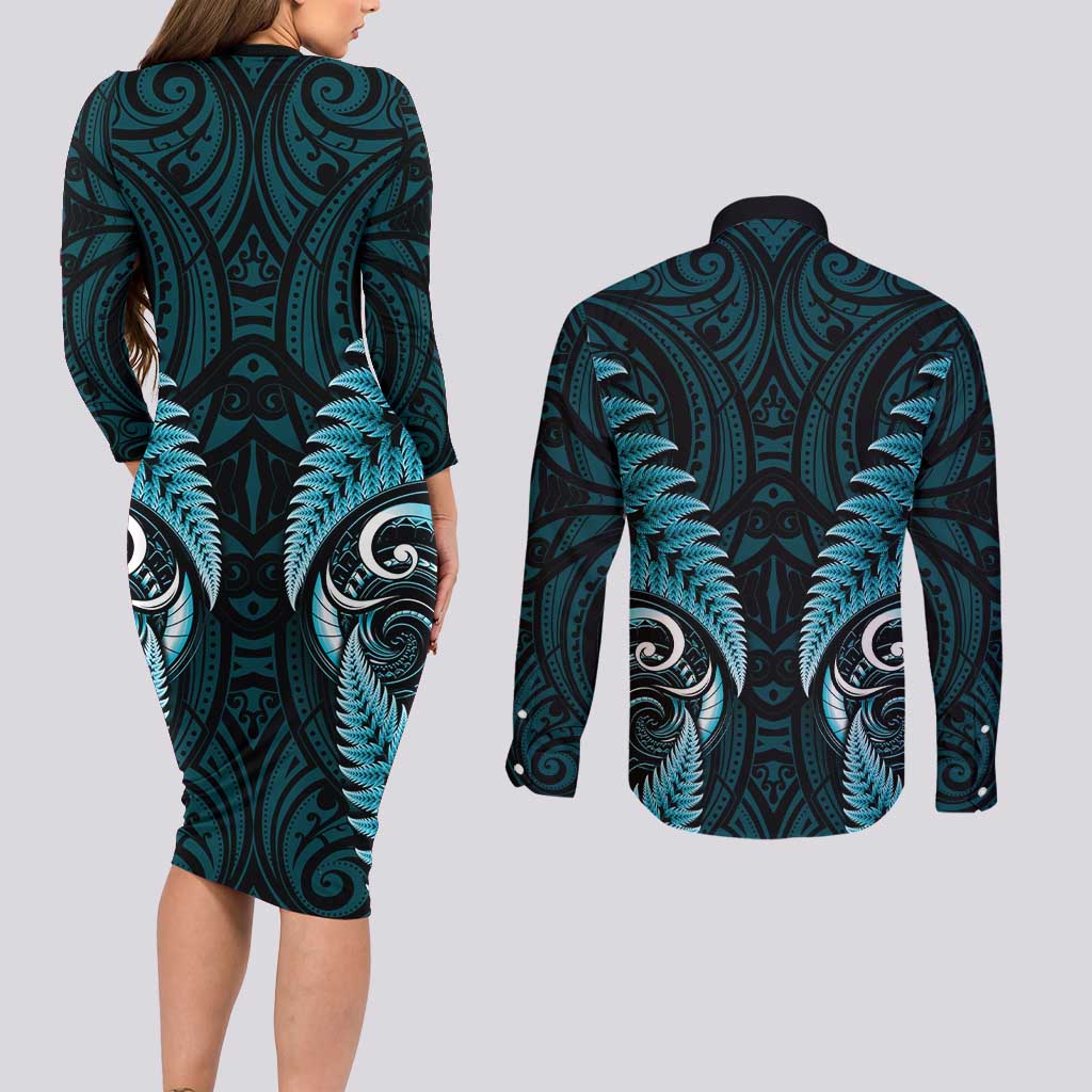 Aotearoa Pounamu Niho Couples Matching Long Sleeve Bodycon Dress and Long Sleeve Button Shirt Silver Fern Mix Maori Pattern - Turquoise