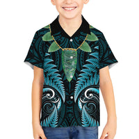 Aotearoa Pounamu Niho Family Matching Tank Maxi Dress and Hawaiian Shirt Silver Fern Mix Maori Pattern - Turquoise LT14 Son's Shirt Turquoise - Polynesian Pride