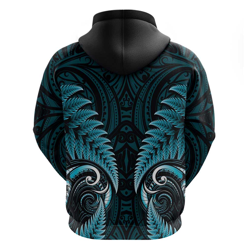 Aotearoa Pounamu Niho Hoodie Silver Fern Mix Maori Pattern - Turquoise