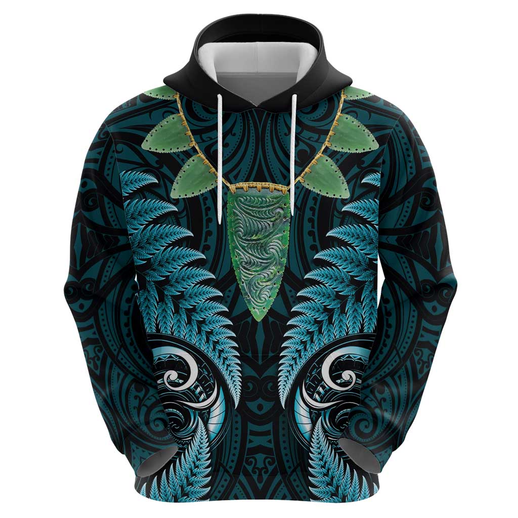 Aotearoa Pounamu Niho Hoodie Silver Fern Mix Maori Pattern - Turquoise