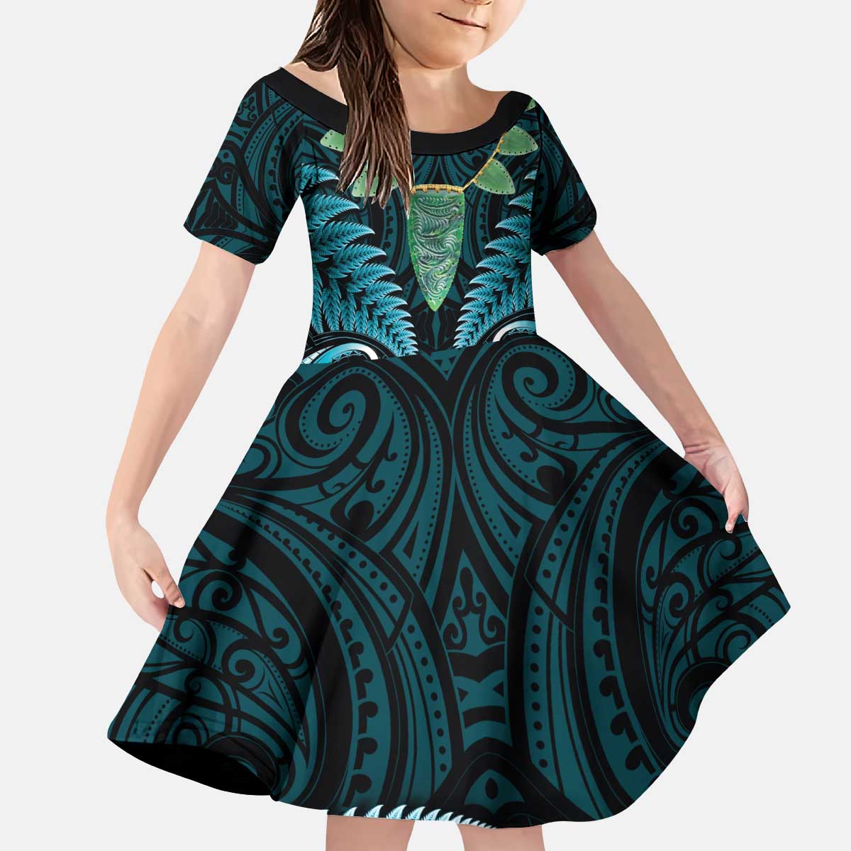 Aotearoa Pounamu Niho Kid Short Sleeve Dress Silver Fern Mix Maori Pattern - Turquoise LT14 KID Turquoise - Polynesian Pride