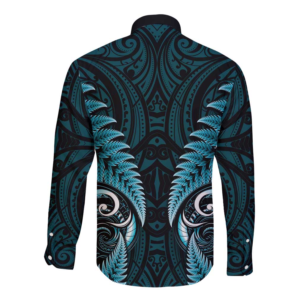 Aotearoa Pounamu Niho Long Sleeve Button Shirt Silver Fern Mix Maori Pattern - Turquoise