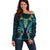 Aotearoa Pounamu Niho Off Shoulder Sweater Silver Fern Mix Maori Pattern - Turquoise