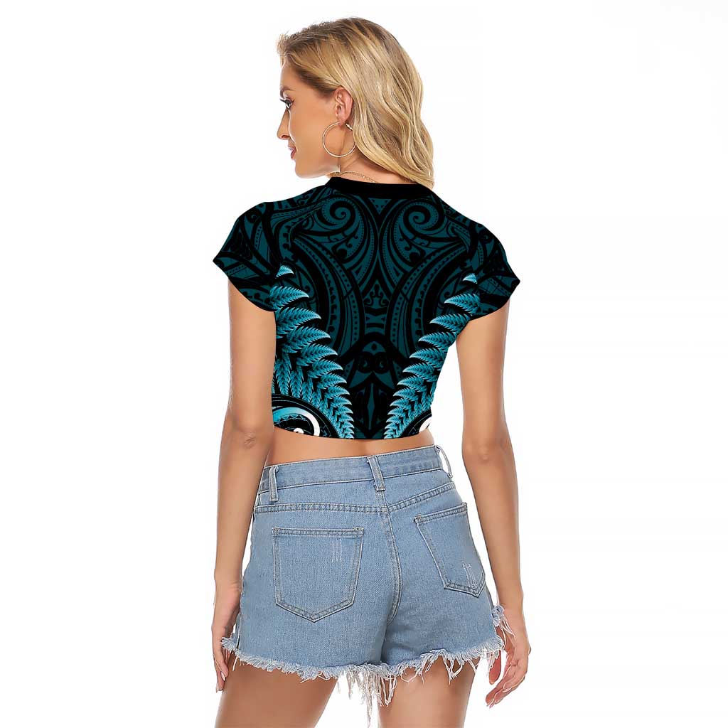 Aotearoa Pounamu Niho Raglan Cropped T Shirt Silver Fern Mix Maori Pattern - Turquoise