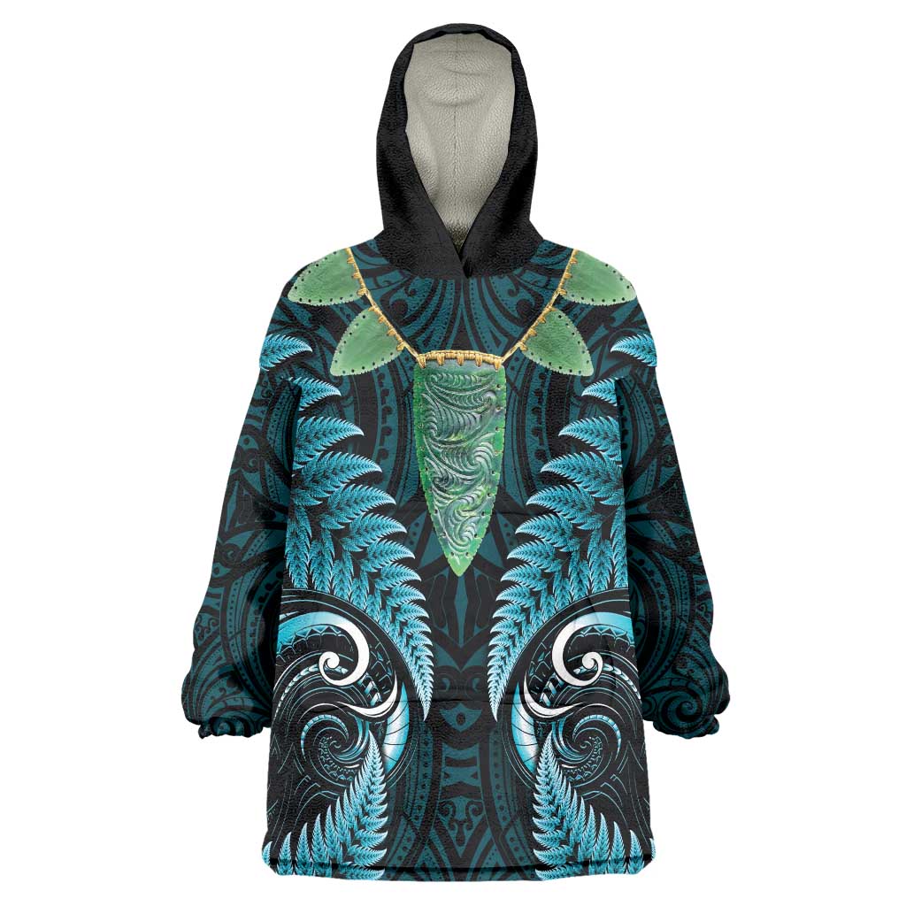 Aotearoa Pounamu Niho Wearable Blanket Hoodie Silver Fern Mix Maori Pattern - Turquoise LT14 One Size Turquoise - Polynesian Pride