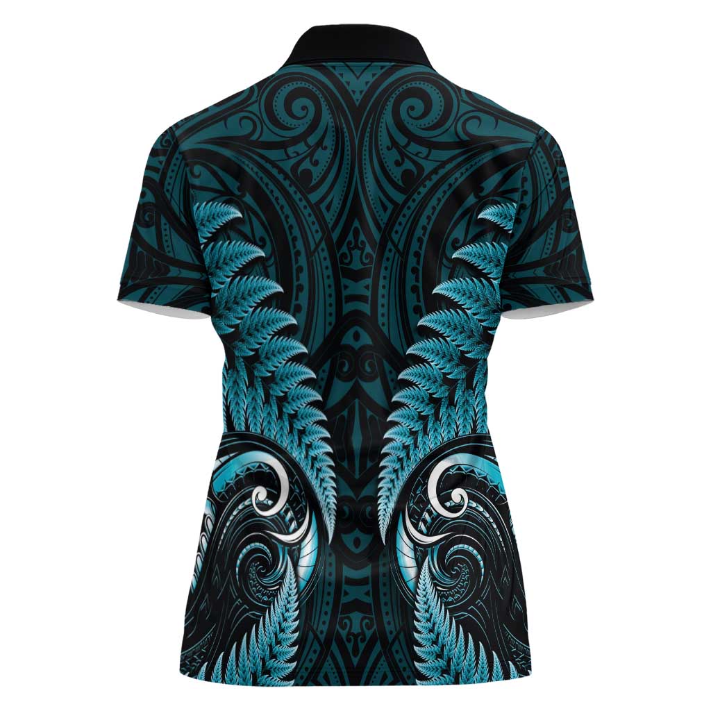 Aotearoa Pounamu Niho Women Polo Shirt Silver Fern Mix Maori Pattern - Turquoise