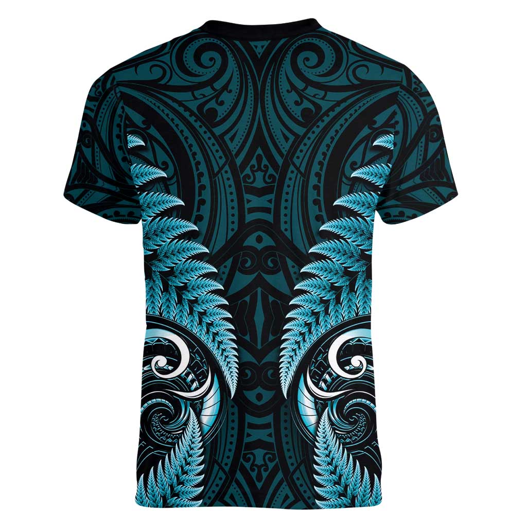 Aotearoa Pounamu Niho Women V-Neck T-Shirt Silver Fern Mix Maori Pattern - Turquoise
