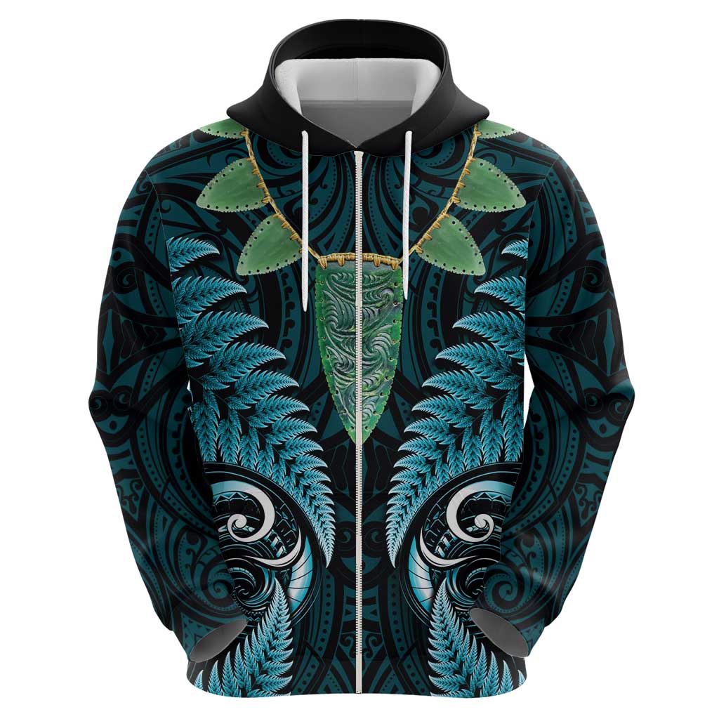 Aotearoa Pounamu Niho Zip Hoodie Silver Fern Mix Maori Pattern - Turquoise LT14 - Polynesian Pride