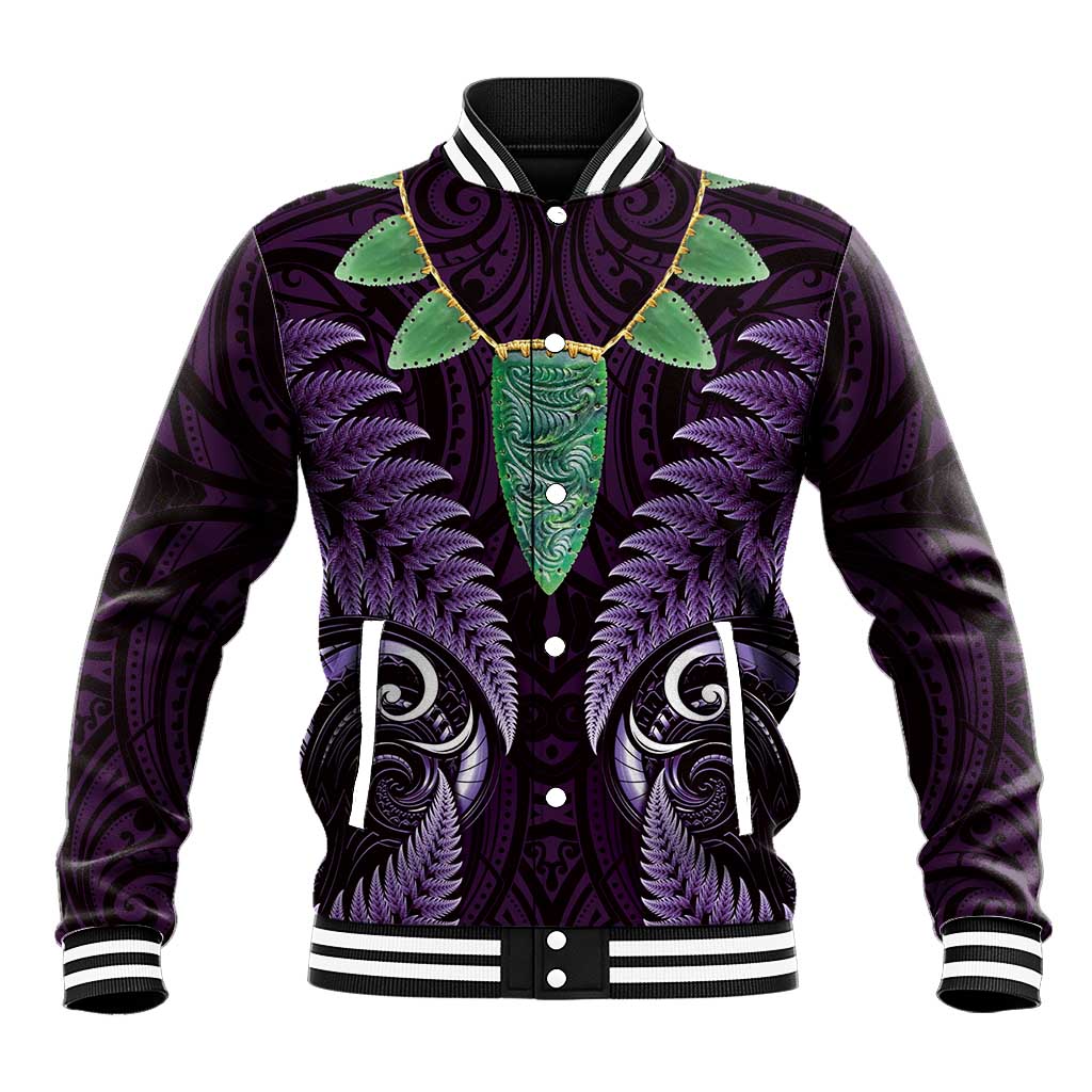 Aotearoa Pounamu Niho Baseball Jacket Silver Fern Mix Maori Pattern - Purple