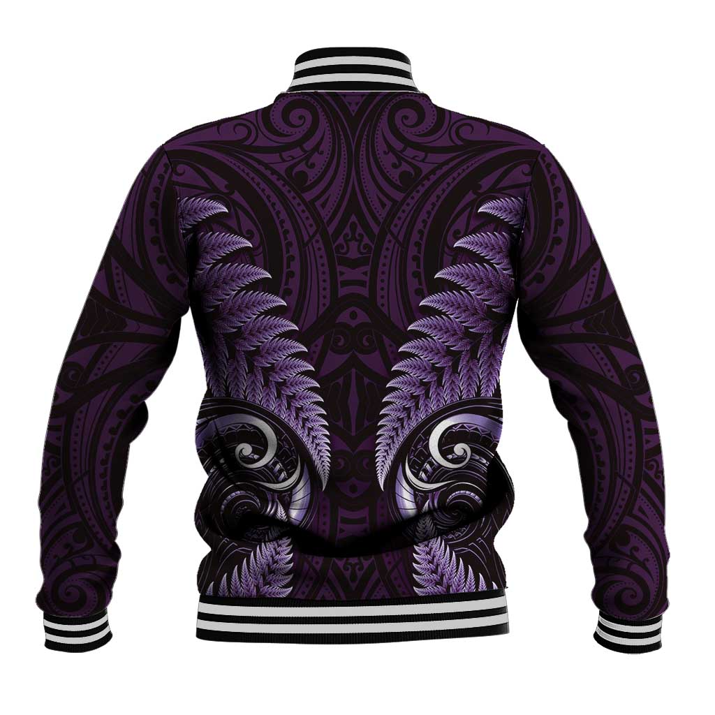 Aotearoa Pounamu Niho Baseball Jacket Silver Fern Mix Maori Pattern - Purple