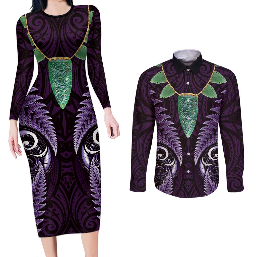 Aotearoa Pounamu Niho Couples Matching Long Sleeve Bodycon Dress and Long Sleeve Button Shirt Silver Fern Mix Maori Pattern - Purple LT14 Purple - Polynesian Pride