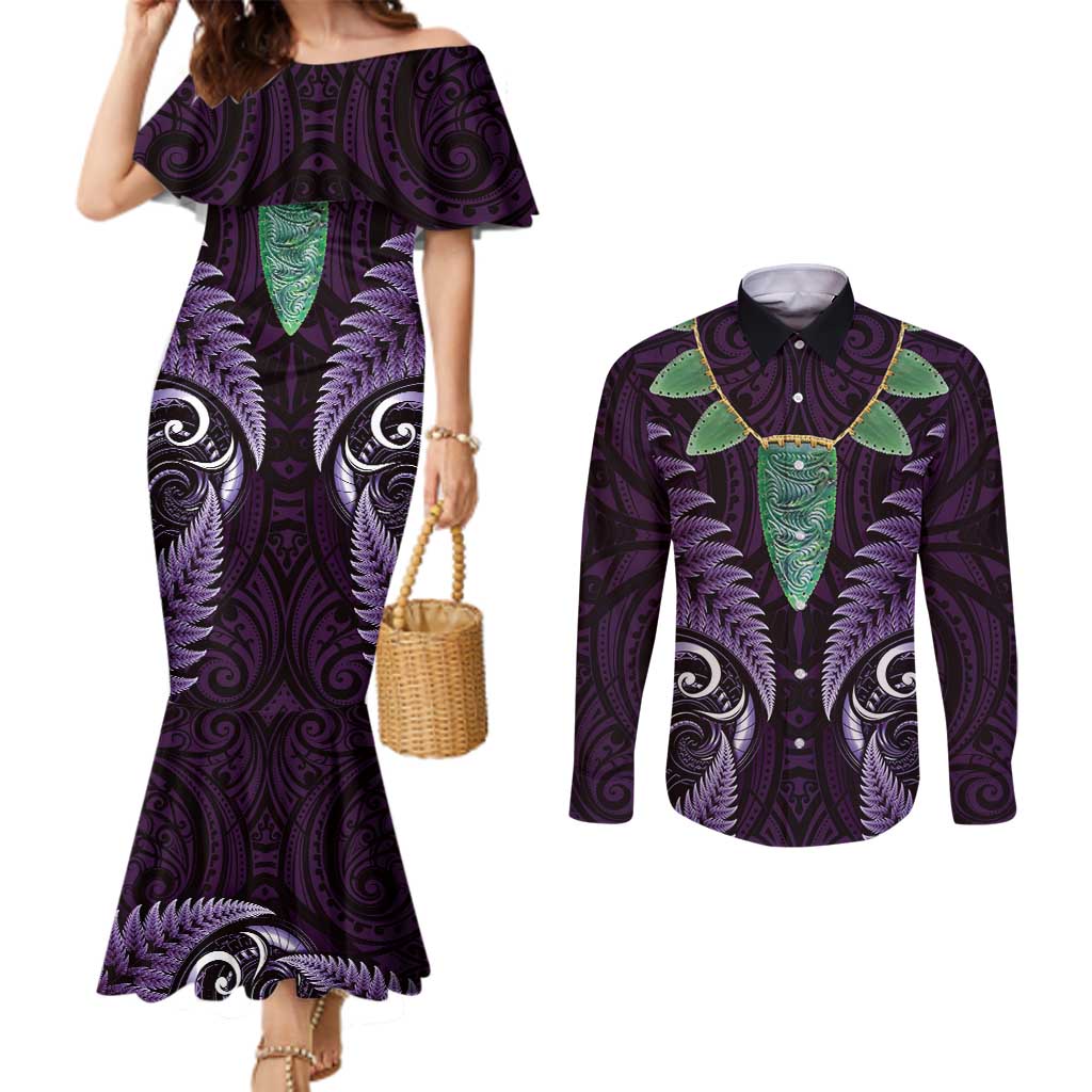 Aotearoa Pounamu Niho Couples Matching Mermaid Dress and Long Sleeve Button Shirt Silver Fern Mix Maori Pattern - Purple LT14 Purple - Polynesian Pride
