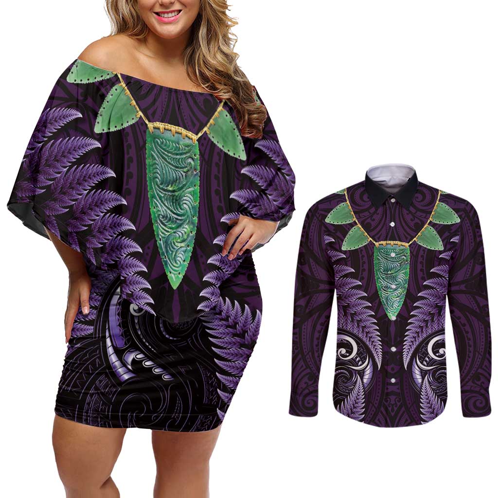 Aotearoa Pounamu Niho Couples Matching Off Shoulder Short Dress and Long Sleeve Button Shirt Silver Fern Mix Maori Pattern - Purple LT14 Purple - Polynesian Pride