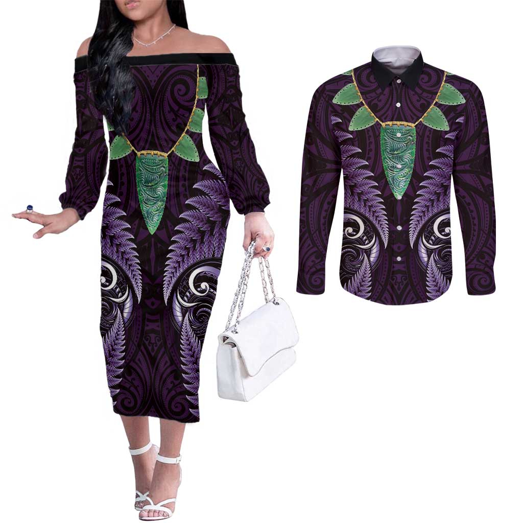 Aotearoa Pounamu Niho Couples Matching Off The Shoulder Long Sleeve Dress and Long Sleeve Button Shirt Silver Fern Mix Maori Pattern - Purple LT14 Purple - Polynesian Pride