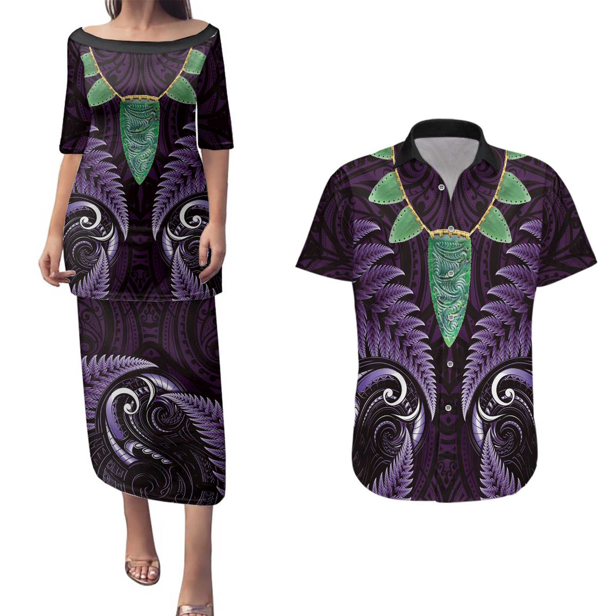 Aotearoa Pounamu Niho Couples Matching Puletasi and Hawaiian Shirt Silver Fern Mix Maori Pattern - Purple LT14 Purple - Polynesian Pride