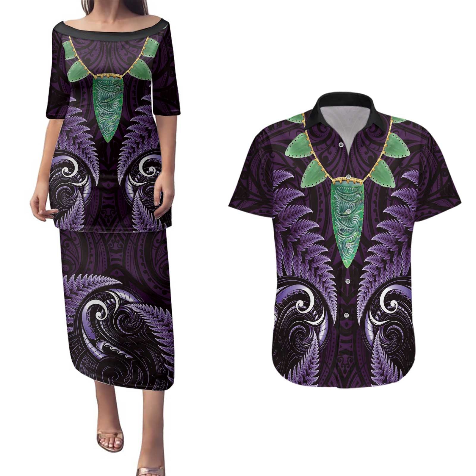 Aotearoa Pounamu Niho Couples Matching Puletasi and Hawaiian Shirt Silver Fern Mix Maori Pattern - Purple LT14 Purple - Polynesian Pride