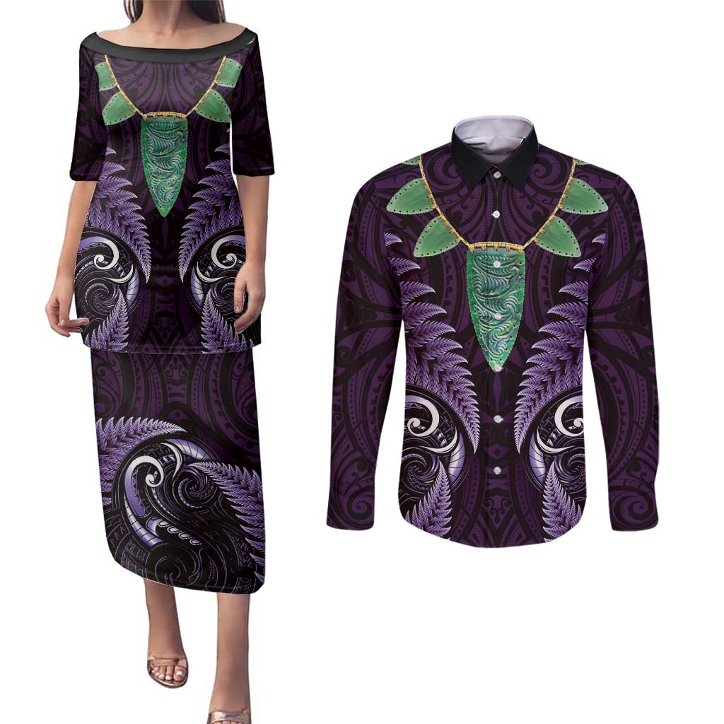 Aotearoa Pounamu Niho Couples Matching Puletasi and Long Sleeve Button Shirt Silver Fern Mix Maori Pattern - Purple LT14 Purple - Polynesian Pride