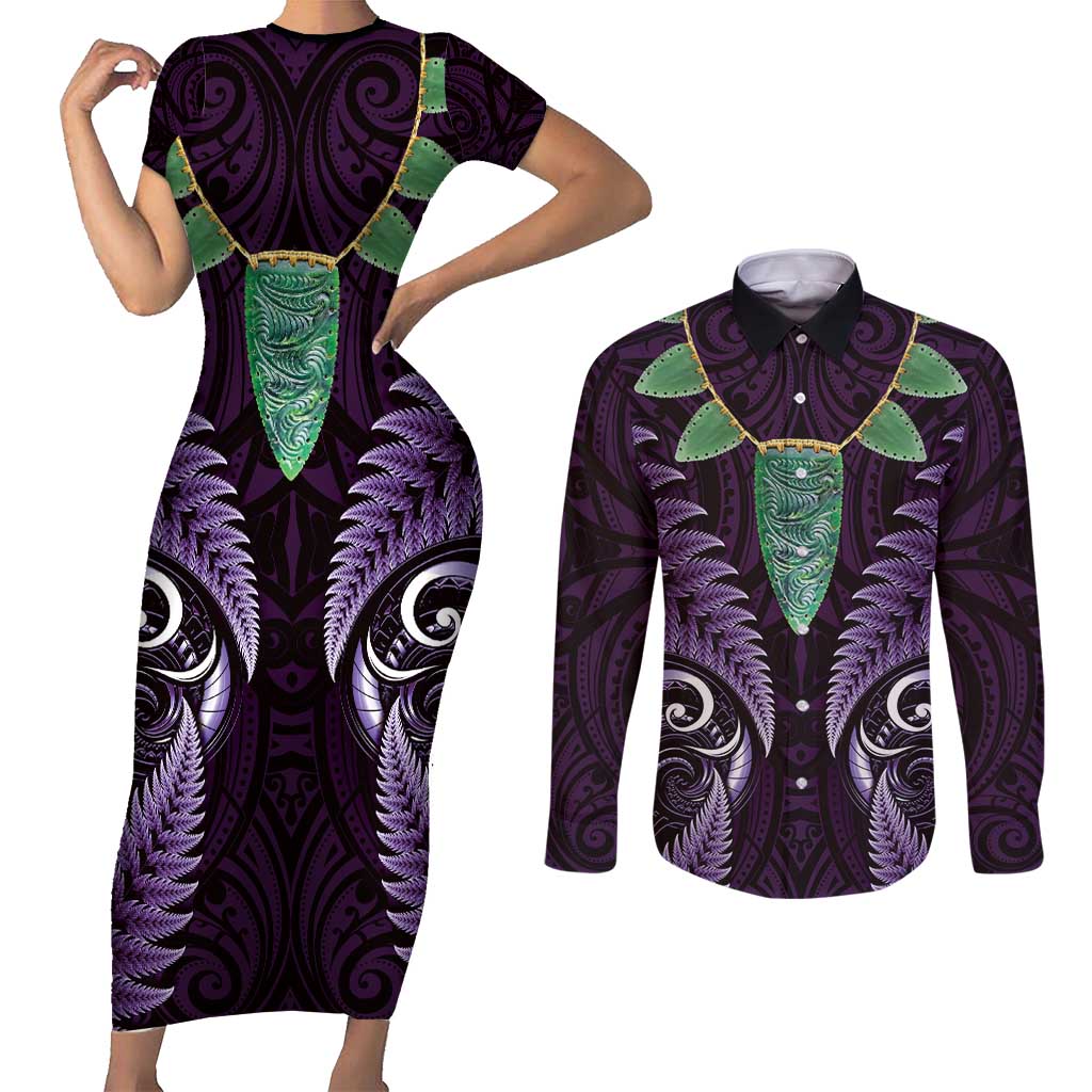 Aotearoa Pounamu Niho Couples Matching Short Sleeve Bodycon Dress and Long Sleeve Button Shirt Silver Fern Mix Maori Pattern - Purple LT14 Purple - Polynesian Pride