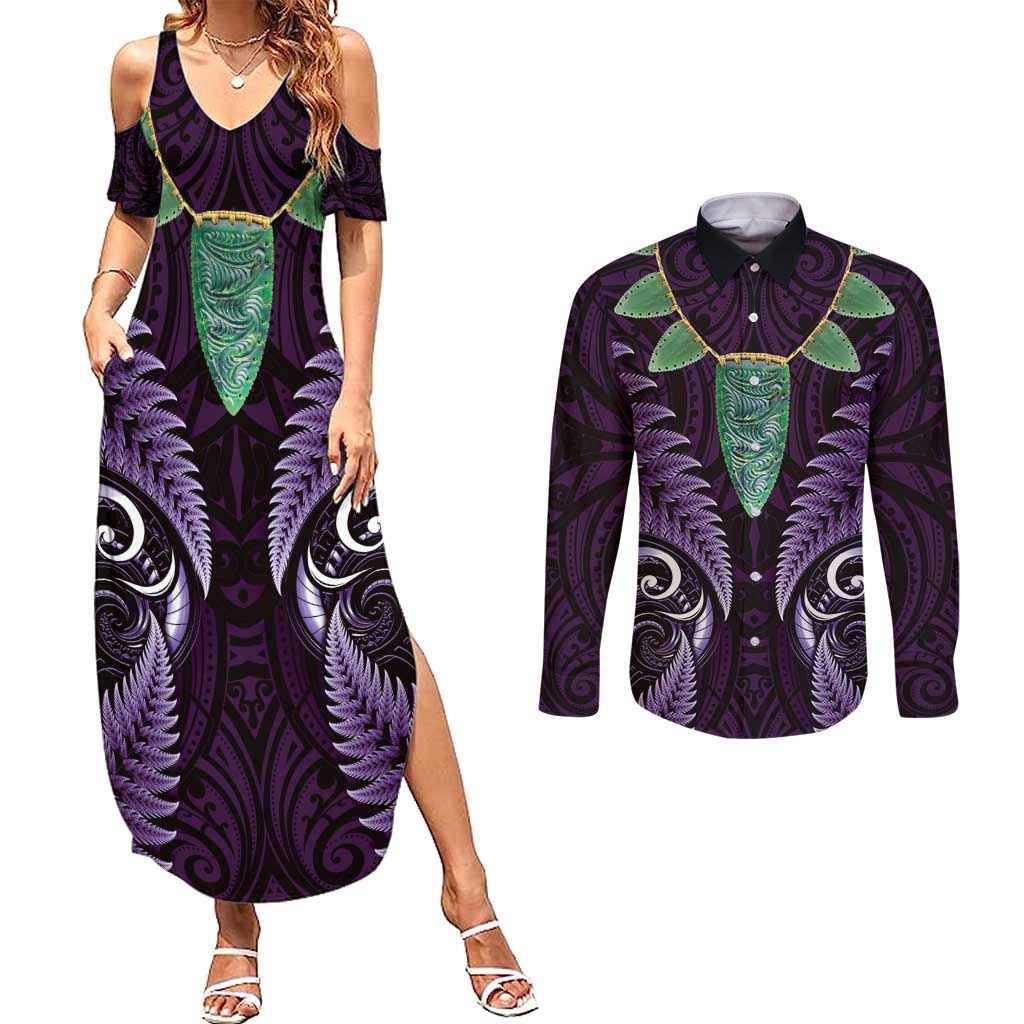Aotearoa Pounamu Niho Couples Matching Summer Maxi Dress and Long Sleeve Button Shirt Silver Fern Mix Maori Pattern - Purple LT14 Purple - Polynesian Pride