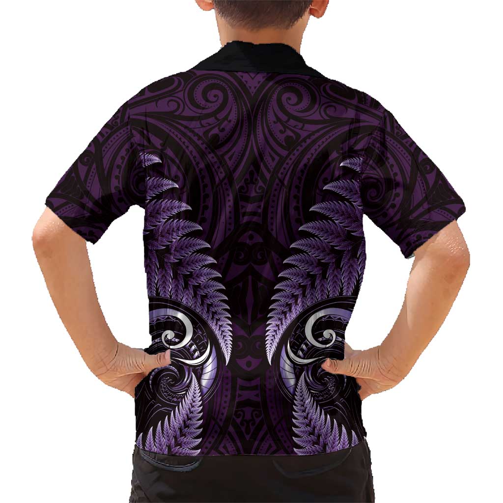 Aotearoa Pounamu Niho Family Matching Short Sleeve Bodycon Dress and Hawaiian Shirt Silver Fern Mix Maori Pattern - Purple LT14 - Polynesian Pride