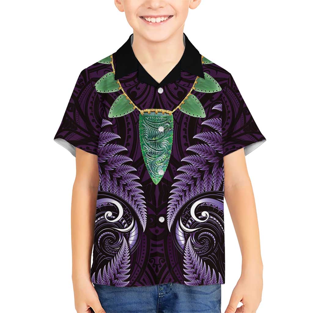 Aotearoa Pounamu Niho Kid Hawaiian Shirt Silver Fern Mix Maori Pattern - Purple LT14 Kid Purple - Polynesian Pride
