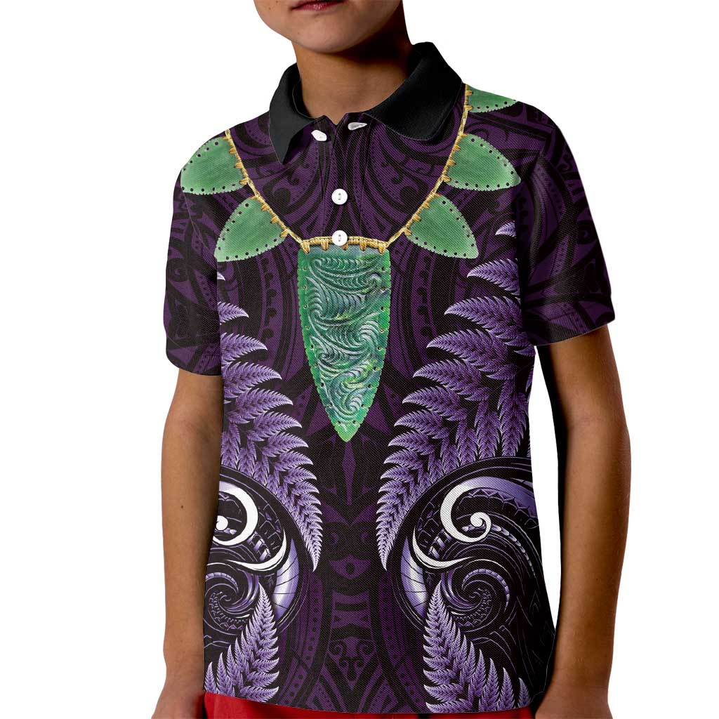 Aotearoa Pounamu Niho Kid Polo Shirt Silver Fern Mix Maori Pattern - Purple LT14 Kid Purple - Polynesian Pride