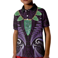 Aotearoa Pounamu Niho Kid Polo Shirt Silver Fern Mix Maori Pattern - Purple