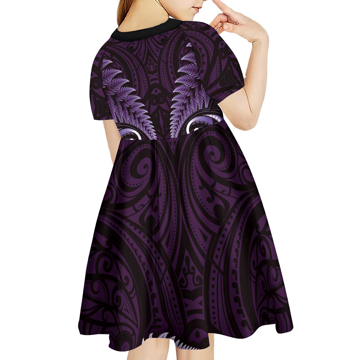 Aotearoa Pounamu Niho Kid Short Sleeve Dress Silver Fern Mix Maori Pattern - Purple