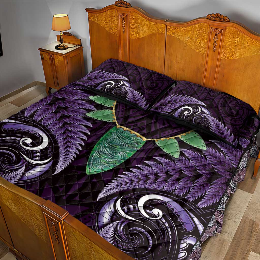 Aotearoa Pounamu Niho Quilt Bed Set Silver Fern Mix Maori Pattern - Purple
