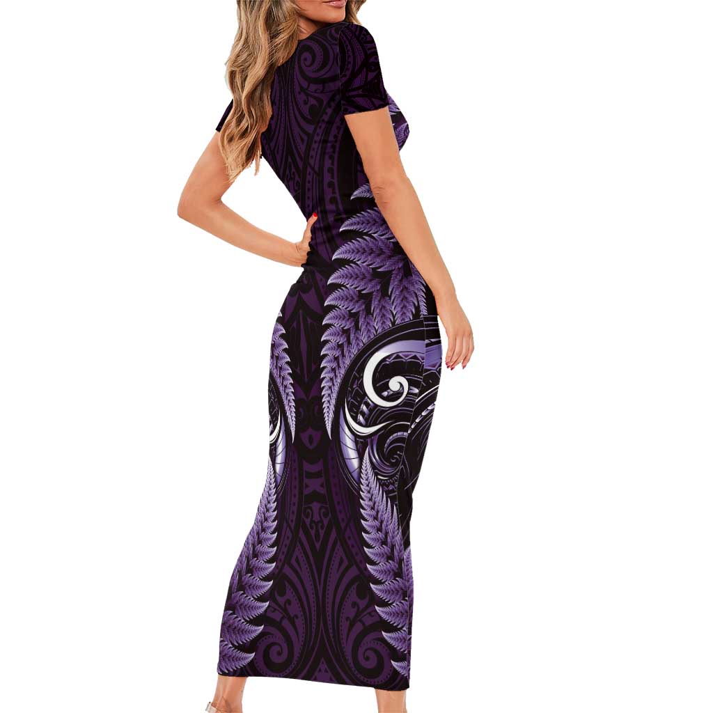 Aotearoa Pounamu Niho Short Sleeve Bodycon Dress Silver Fern Mix Maori Pattern - Purple LT14 - Polynesian Pride
