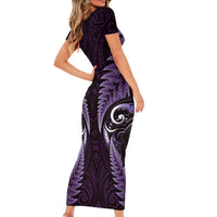 Aotearoa Pounamu Niho Short Sleeve Bodycon Dress Silver Fern Mix Maori Pattern - Purple LT14 - Polynesian Pride