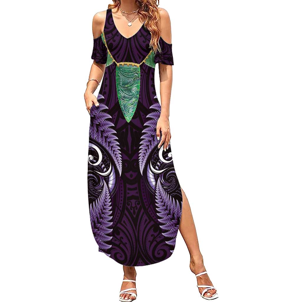 Aotearoa Pounamu Niho Summer Maxi Dress Silver Fern Mix Maori Pattern - Purple