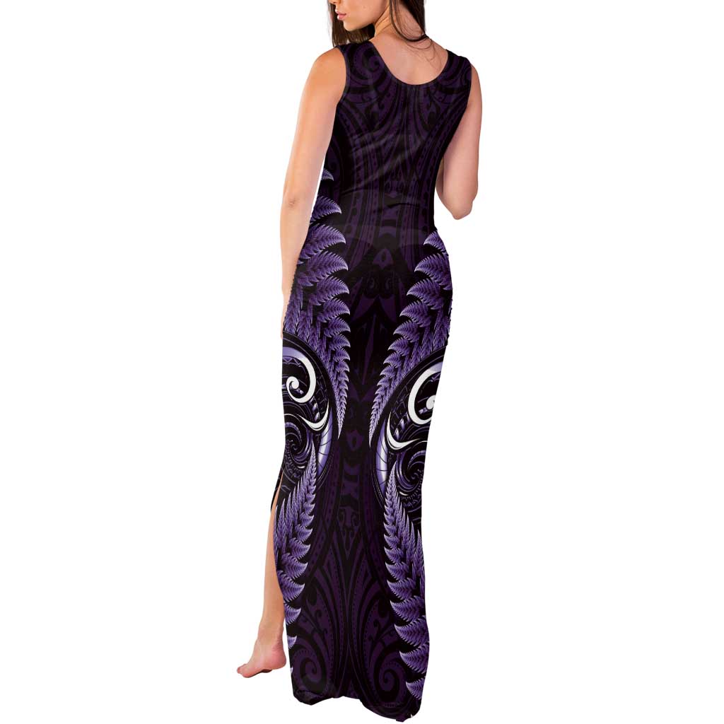 Aotearoa Pounamu Niho Tank Maxi Dress Silver Fern Mix Maori Pattern - Purple LT14 - Polynesian Pride