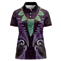Aotearoa Pounamu Niho Women Polo Shirt Silver Fern Mix Maori Pattern - Purple