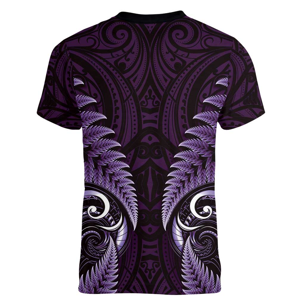 Aotearoa Pounamu Niho Women V-Neck T-Shirt Silver Fern Mix Maori Pattern - Purple