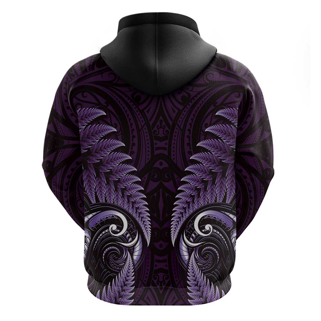 Aotearoa Pounamu Niho Zip Hoodie Silver Fern Mix Maori Pattern - Purple LT14 - Polynesian Pride