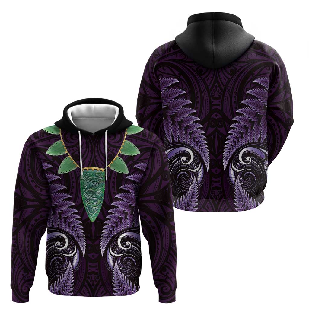 Aotearoa Pounamu Niho Zip Hoodie Silver Fern Mix Maori Pattern - Purple LT14 - Polynesian Pride