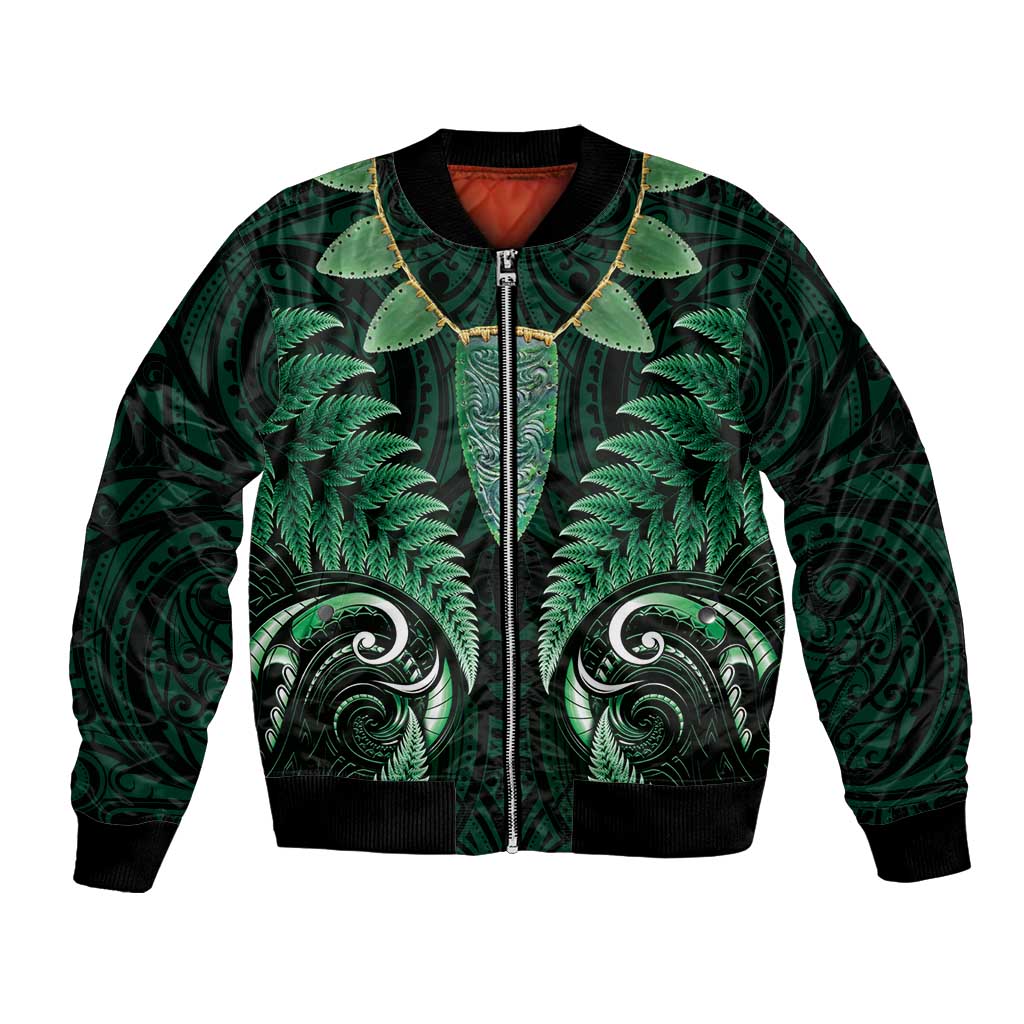 Aotearoa Pounamu Niho Bomber Jacket Silver Fern Mix Maori Pattern - Green LT14 Unisex Green - Polynesian Pride