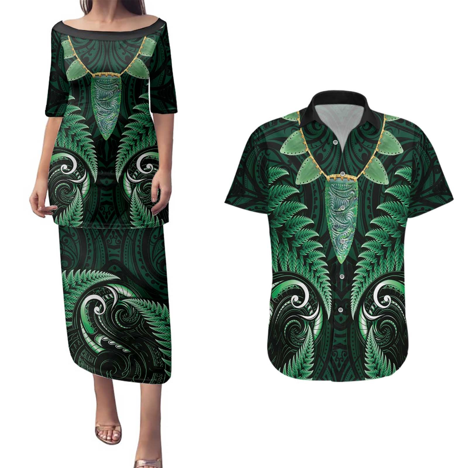 Aotearoa Pounamu Niho Couples Matching Puletasi and Hawaiian Shirt Silver Fern Mix Maori Pattern - Green LT14 Green - Polynesian Pride