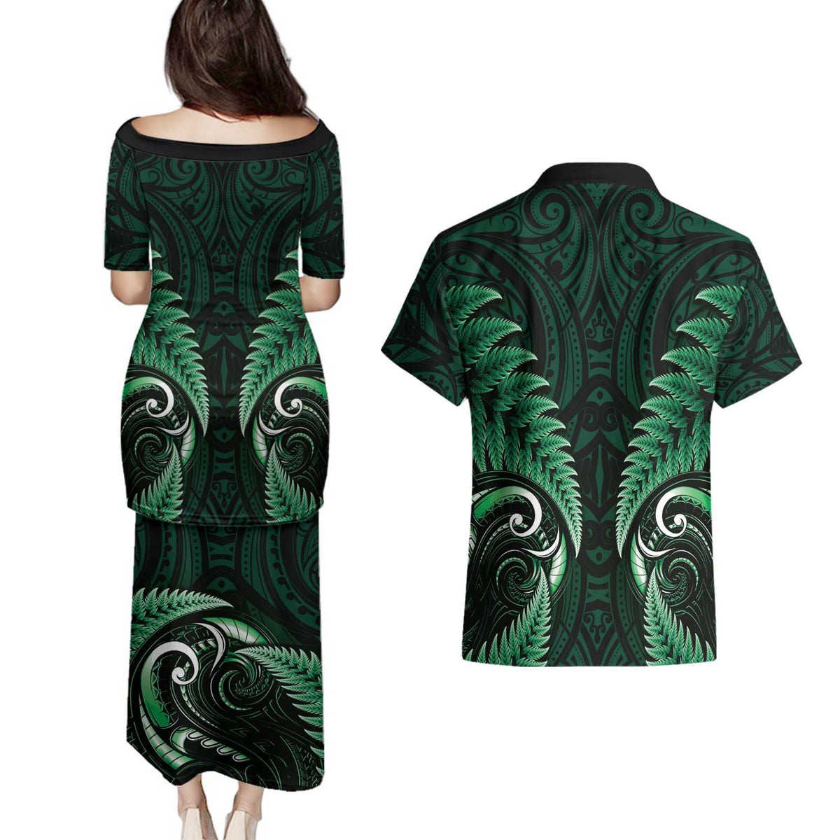 Aotearoa Pounamu Niho Couples Matching Puletasi and Hawaiian Shirt Silver Fern Mix Maori Pattern - Green LT14 - Polynesian Pride