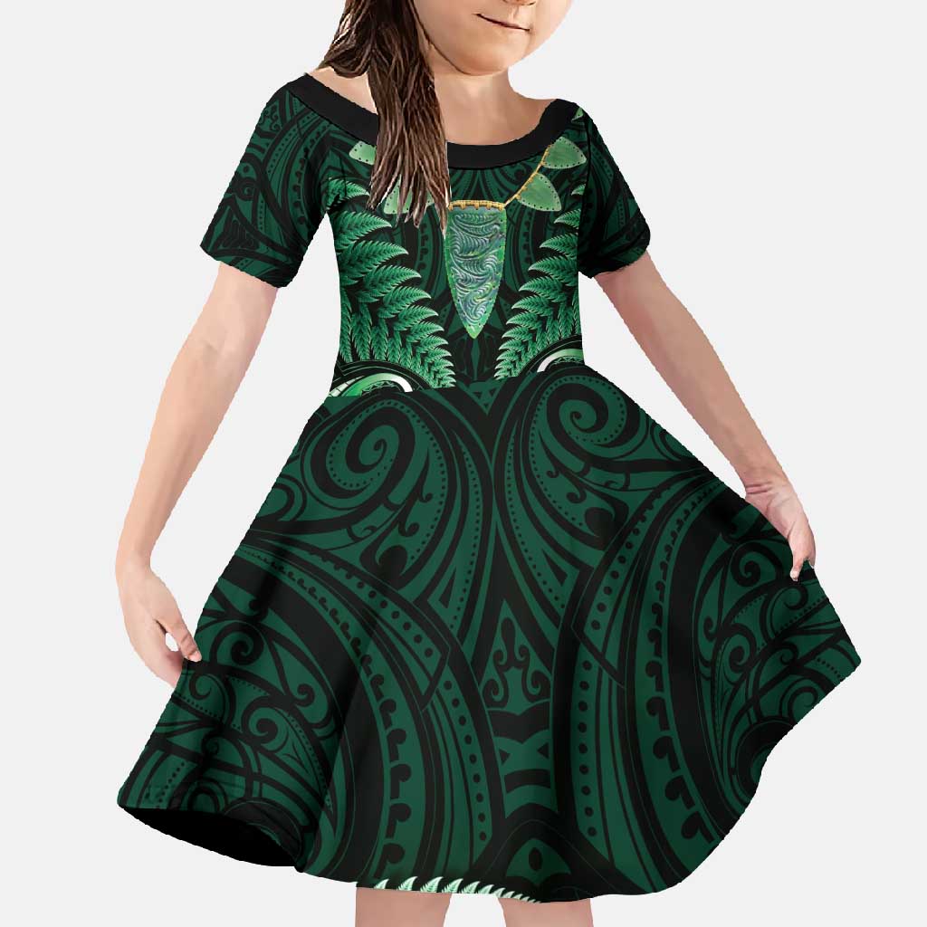 Aotearoa Pounamu Niho Family Matching Short Sleeve Bodycon Dress and Hawaiian Shirt Silver Fern Mix Maori Pattern - Green LT14 Daughter's Dress Green - Polynesian Pride