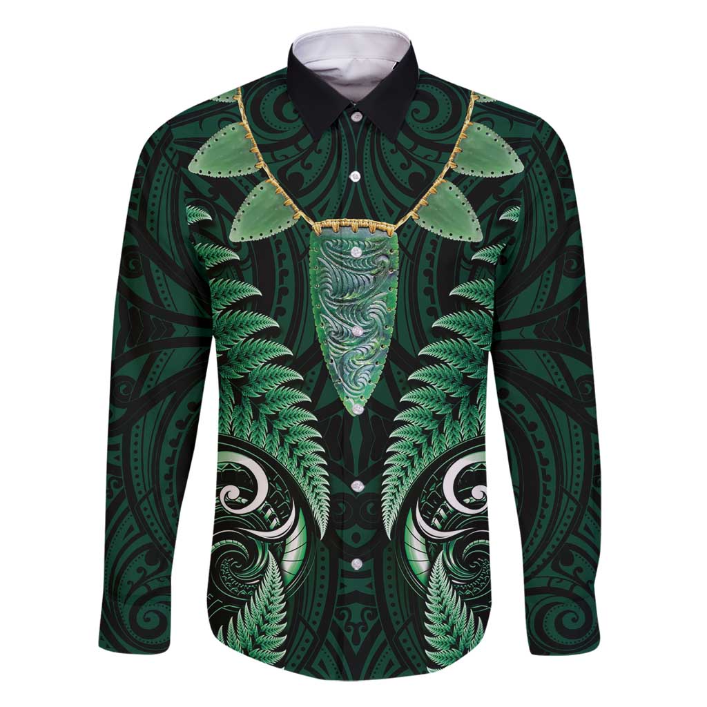 Aotearoa Pounamu Niho Family Matching Tank Maxi Dress and Hawaiian Shirt Silver Fern Mix Maori Pattern - Green LT14 Dad's Shirt - Long Sleeve Green - Polynesian Pride