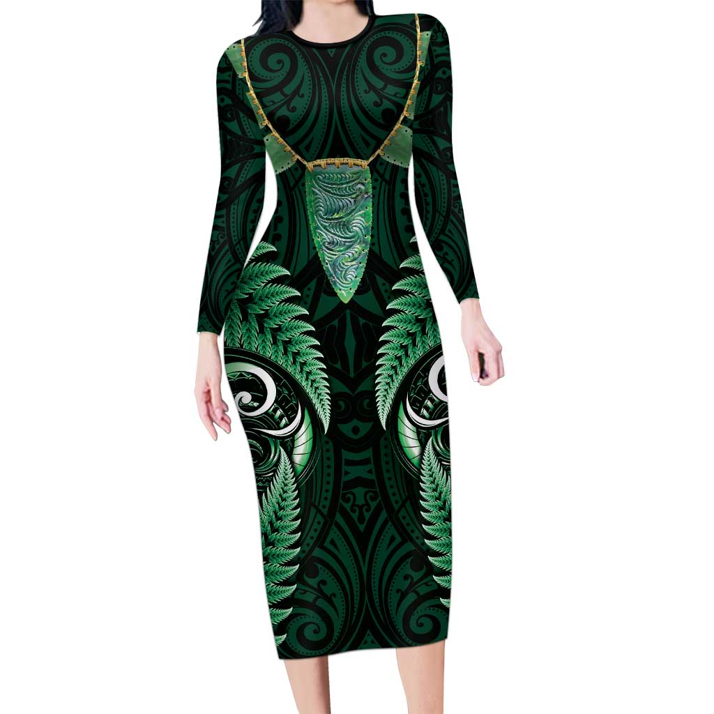 Aotearoa Pounamu Niho Long Sleeve Bodycon Dress Silver Fern Mix Maori Pattern - Green LT14 Long Dress Green - Polynesian Pride