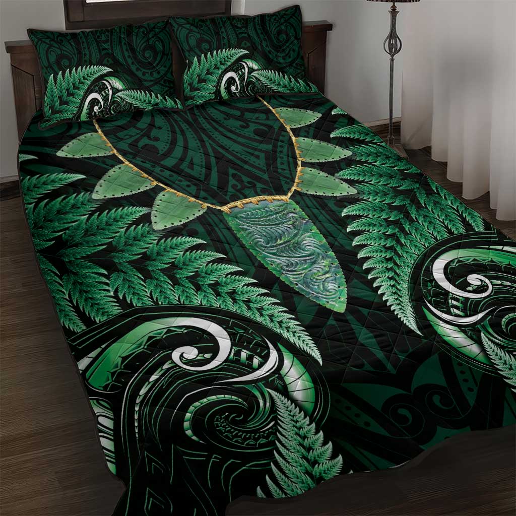 Aotearoa Pounamu Niho Quilt Bed Set Silver Fern Mix Maori Pattern - Green LT14 Green - Polynesian Pride