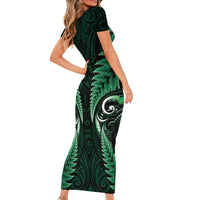 Aotearoa Pounamu Niho Short Sleeve Bodycon Dress Silver Fern Mix Maori Pattern - Green LT14 - Polynesian Pride