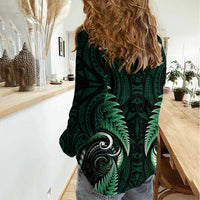 Aotearoa Pounamu Niho Women Casual Shirt Silver Fern Mix Maori Pattern - Green